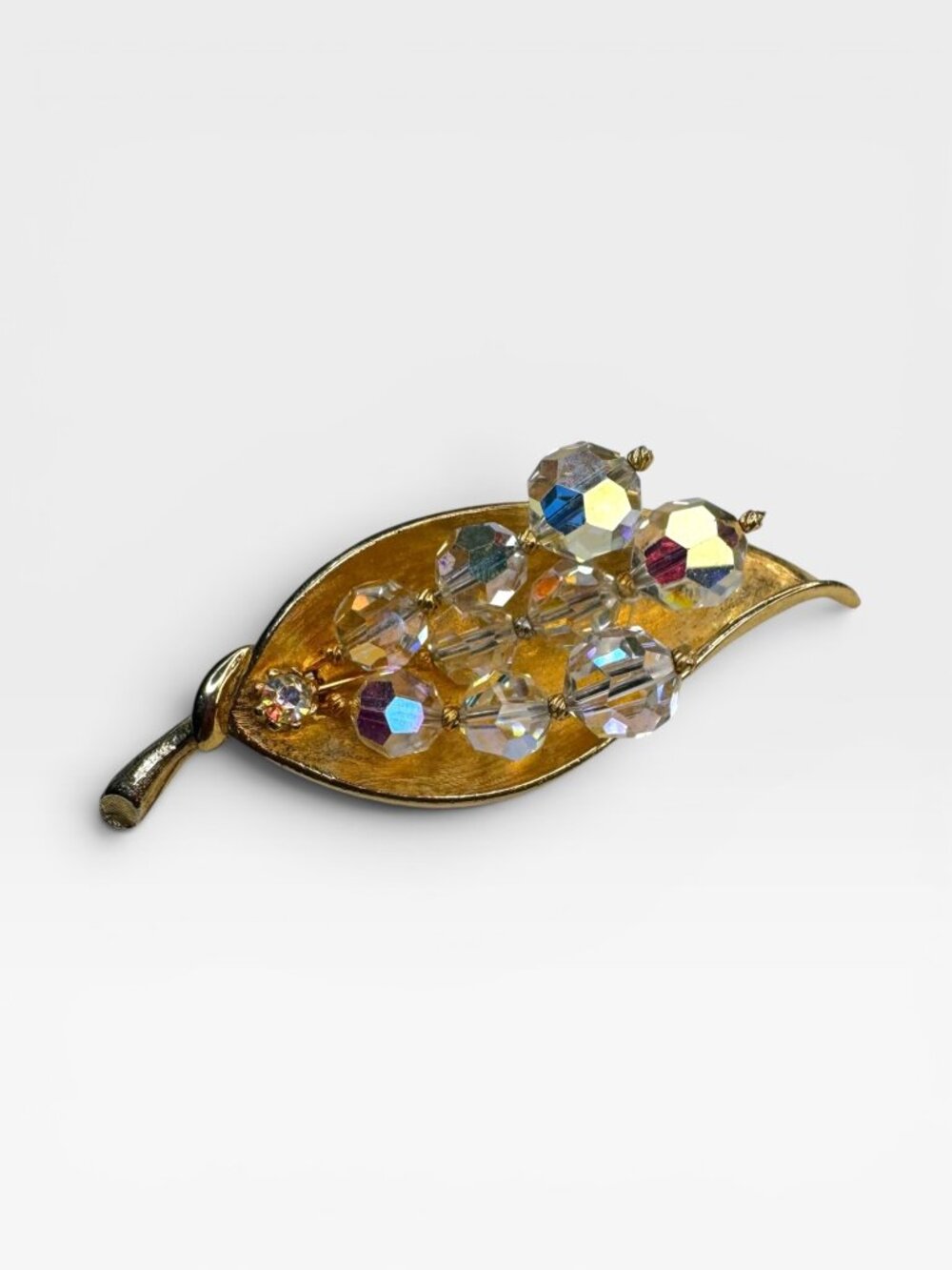 Leaf Brooch Gold Tone Aurora Borealis Crystal Cluster Pin Vintage 1950s